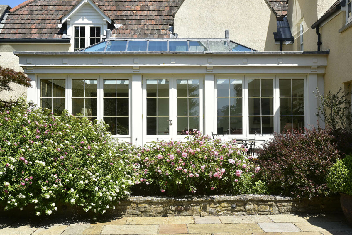 French doors finished in colour complementary to farrow & ball white tie