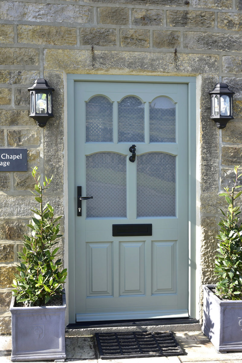 Winterbourne conservation entrance door finished in a colour complementary to Farrow & Ball Card Room Green