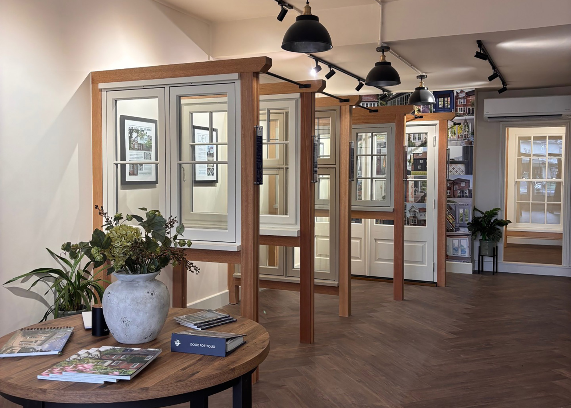 casement windows on display in a showroom