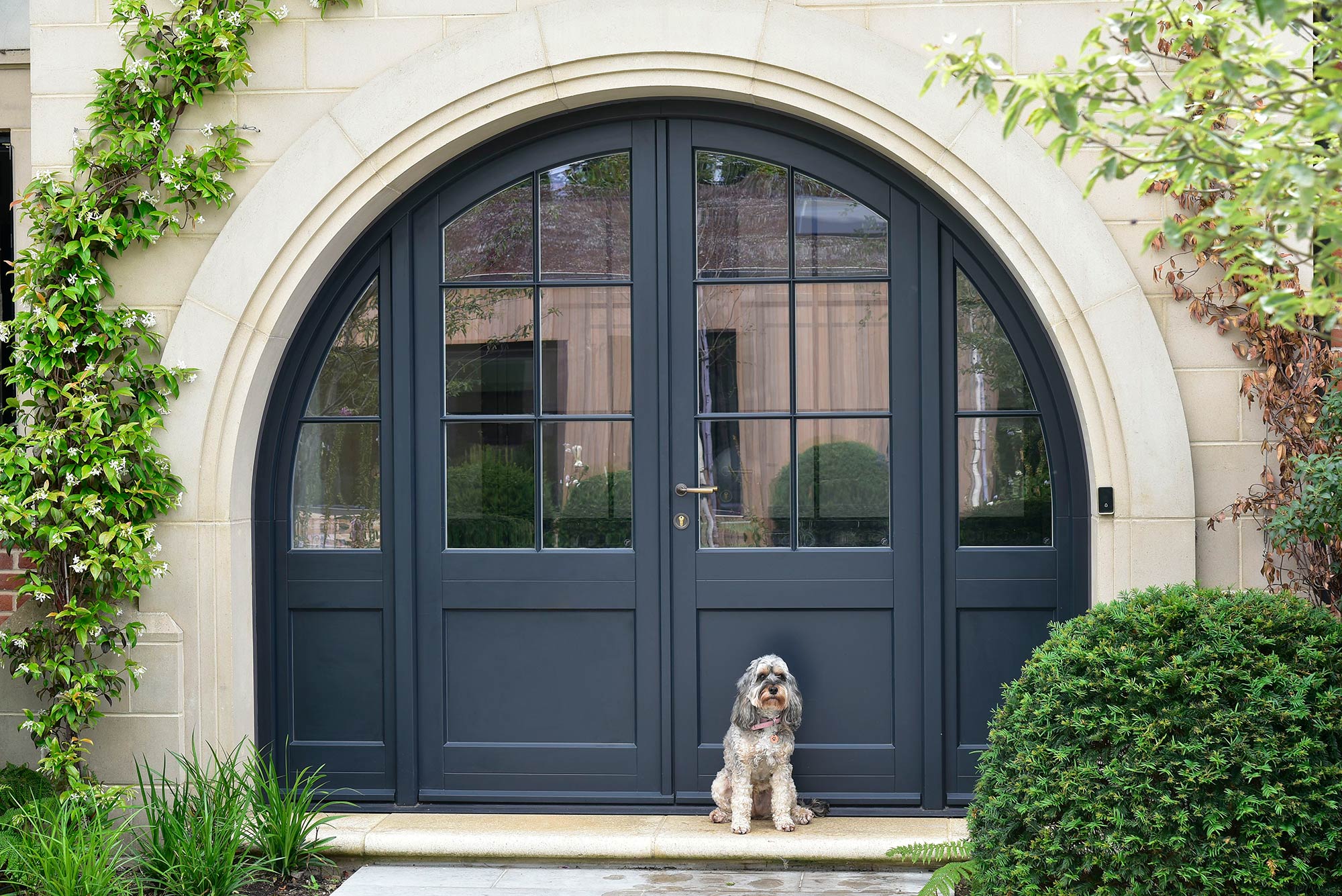an arched timber front door with a dog sat in front
